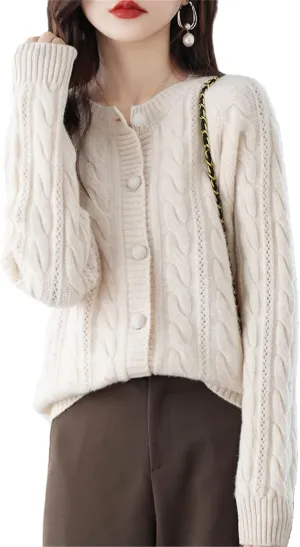 100% Pure Wool Knitted Cardigan Women's V-Neck Loose Cashmere Sweater Coat