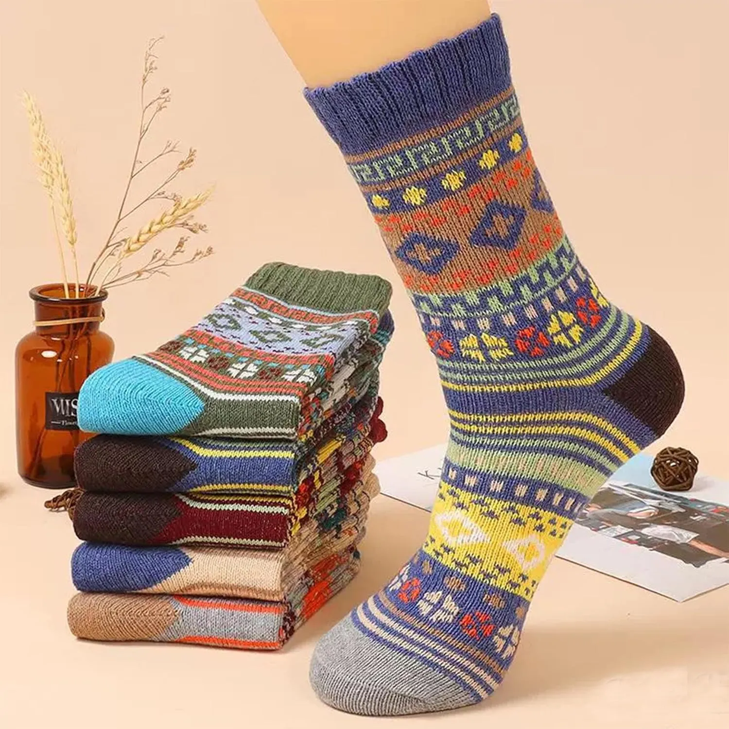 5 Pairs mens Wool Socks Winter Soft Cozy Crew Socks Thick Warm Wool Knit Boots Socks for men