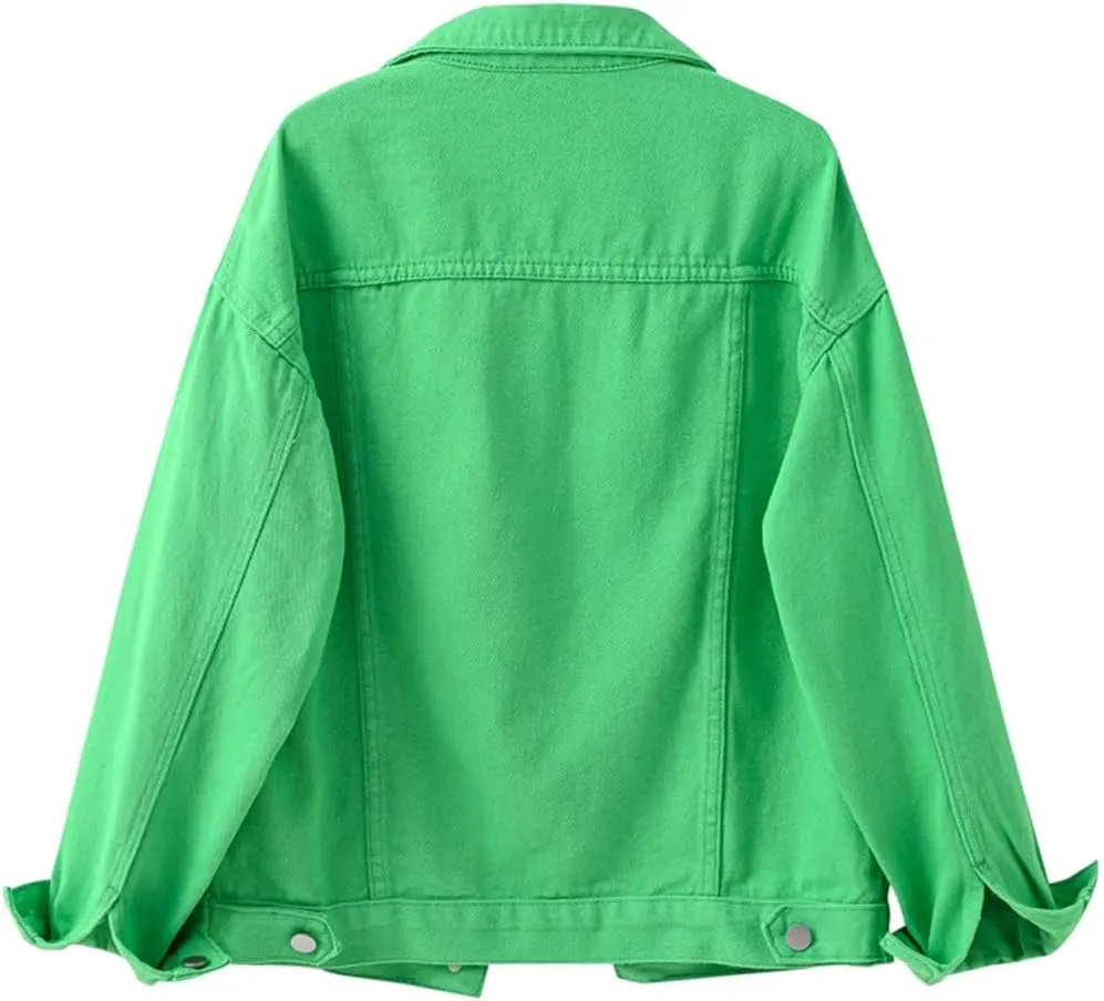 ACE SHOCK Cropped Denim Jacket for Women Long Sleeve Short Jean Jacket Button Down Light Wash Solid Color Trucker Coat