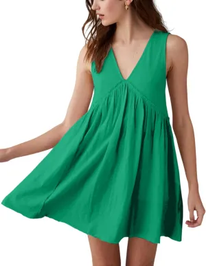 Aimiray Women's Casual Sleeveless Mini Dress Loose V Neck Backless Pleated Short Tank Sundress with Pockets
