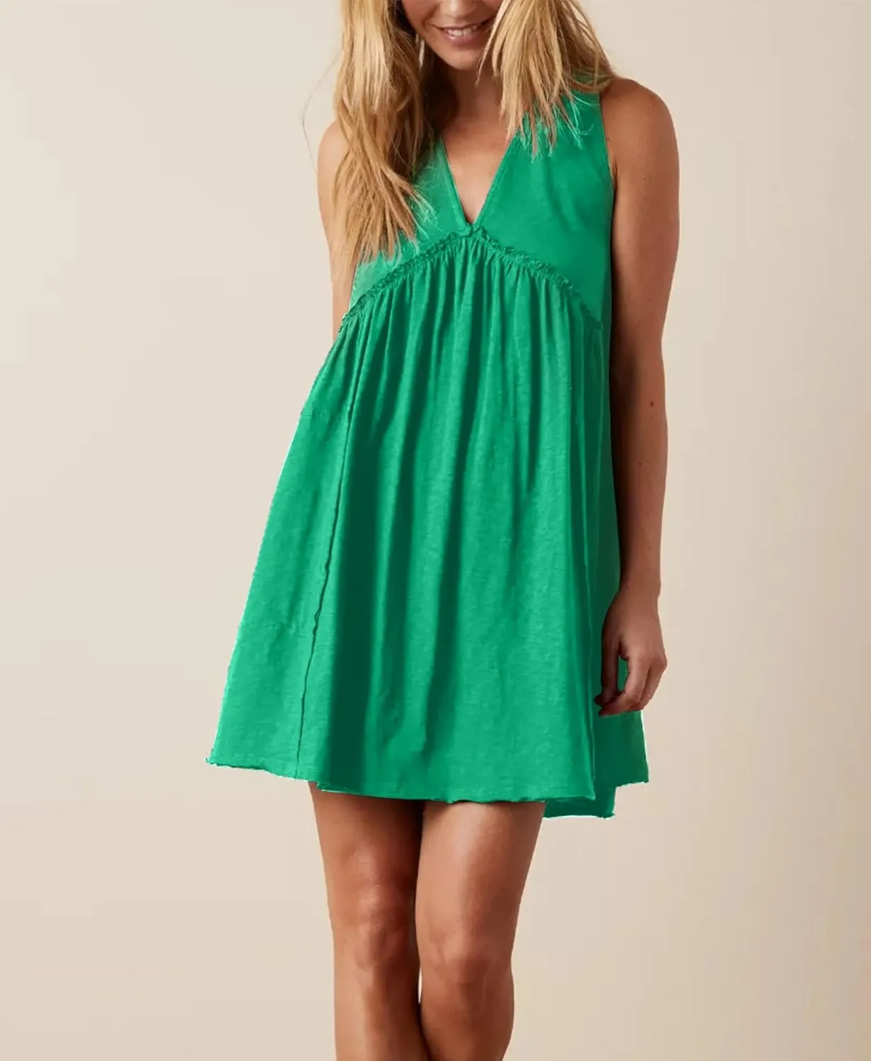 Aimiray Women's Casual Sleeveless Mini Dress Loose V Neck Backless Pleated Short Tank Sundress with Pockets