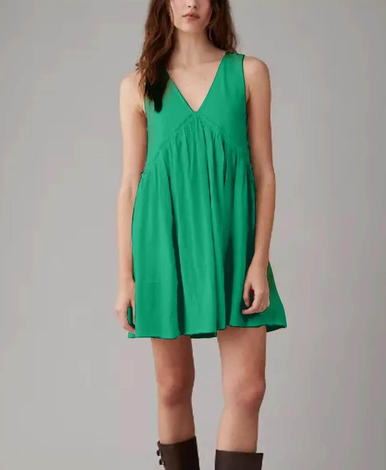 Aimiray Women's Casual Sleeveless Mini Dress Loose V Neck Backless Pleated Short Tank Sundress with Pockets