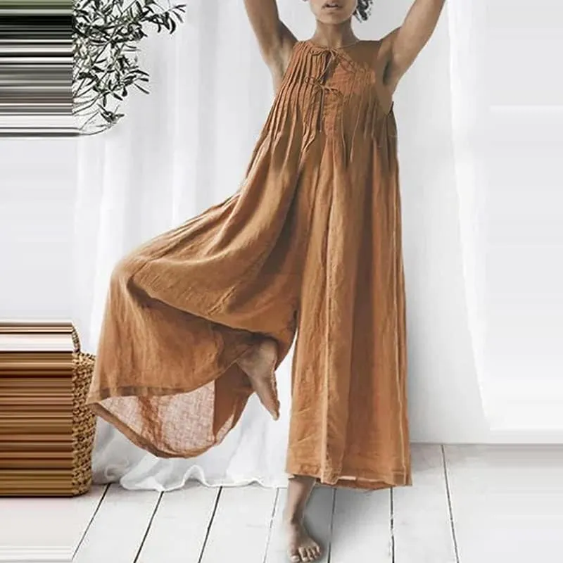 Akivide Womens Summer Sleeveless Wide Leg Jumpsuit Loose Linen Baggy Long Pant Romper Crewneck Pleated Tie Front Overall