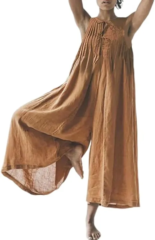 Akivide Womens Summer Sleeveless Wide Leg Jumpsuit Loose Linen Baggy Long Pant Romper Crewneck Pleated Tie Front Overall