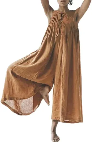 Akivide Womens Summer Sleeveless Wide Leg Jumpsuit Loose Linen Baggy Long Pant Romper Crewneck Pleated Tie Front Overall