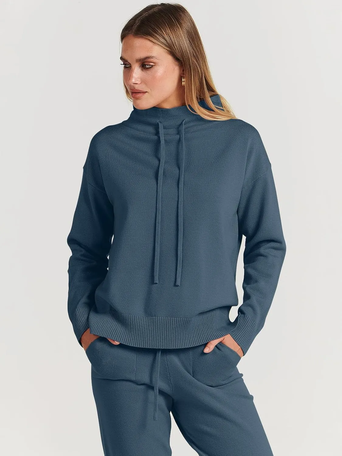 ANRABESS Women Two Piece Outfits Turtleneck Pullover Top Cozy Knit Sweater Pants Lounge Set 2024 Fall Sweatsuit Sweatsuits