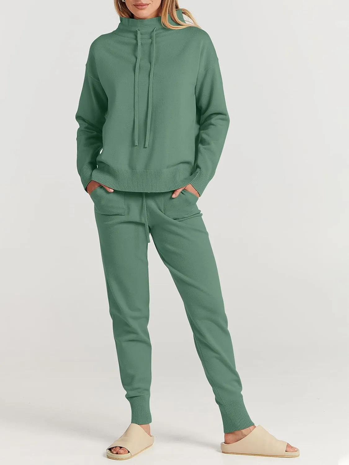 ANRABESS Women Two Piece Outfits Turtleneck Pullover Top Cozy Knit Sweater Pants Lounge Set 2024 Fall Sweatsuit Sweatsuits