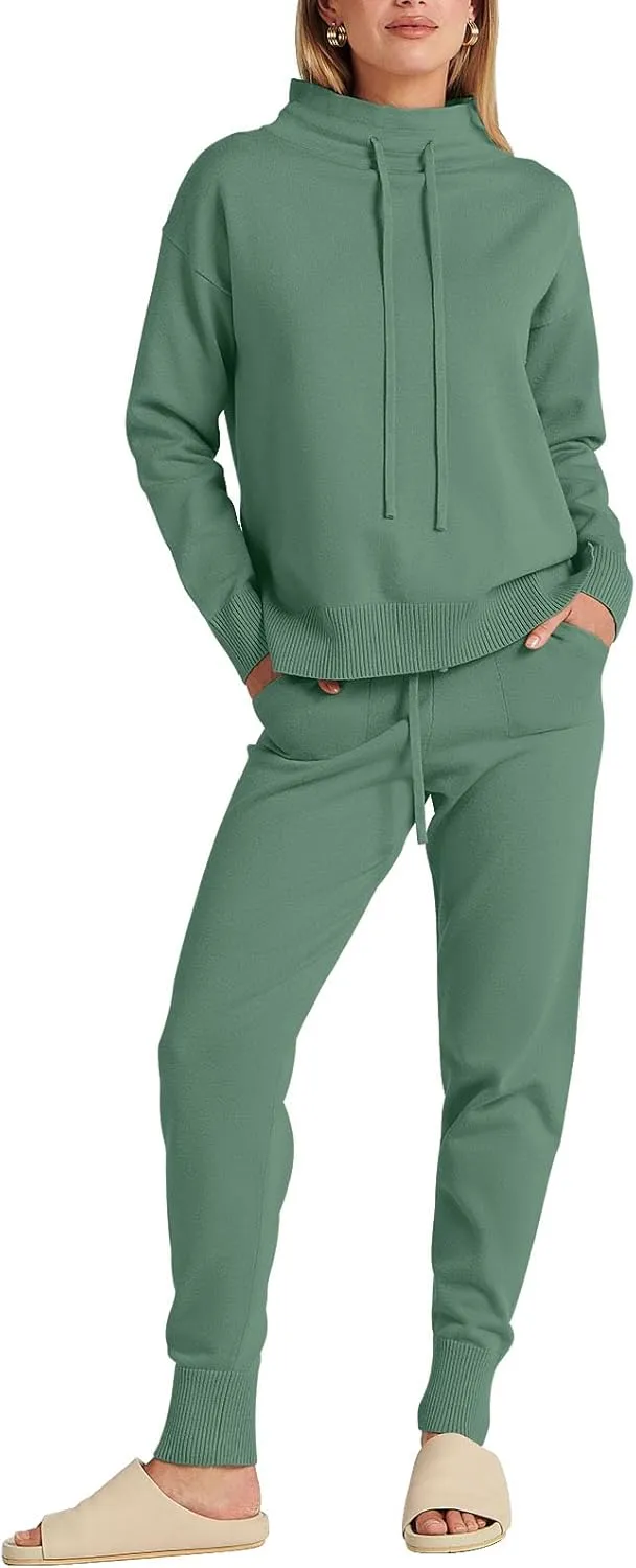 ANRABESS Women Two Piece Outfits Turtleneck Pullover Top Cozy Knit Sweater Pants Lounge Set 2024 Fall Sweatsuit Sweatsuits