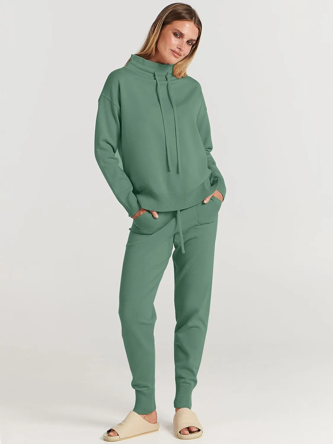 ANRABESS Women Two Piece Outfits Turtleneck Pullover Top Cozy Knit Sweater Pants Lounge Set 2024 Fall Sweatsuit Sweatsuits