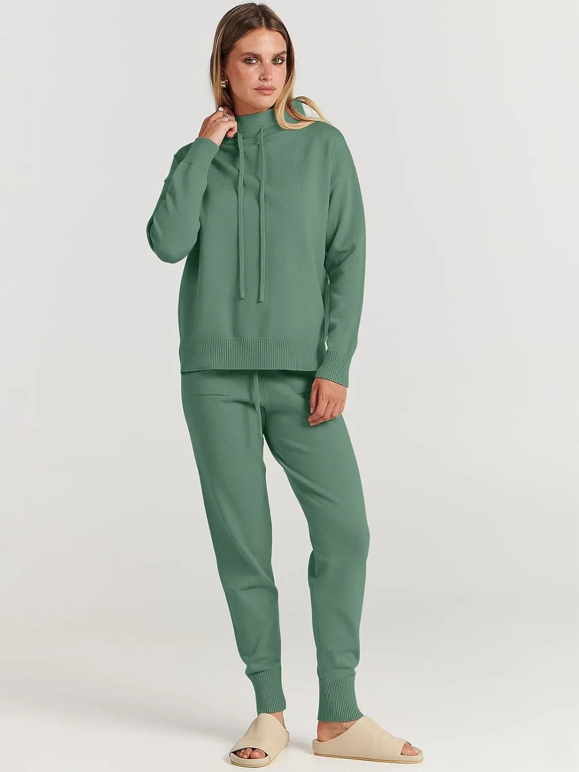 ANRABESS Women Two Piece Outfits Turtleneck Pullover Top Cozy Knit Sweater Pants Lounge Set 2024 Fall Sweatsuit Sweatsuits