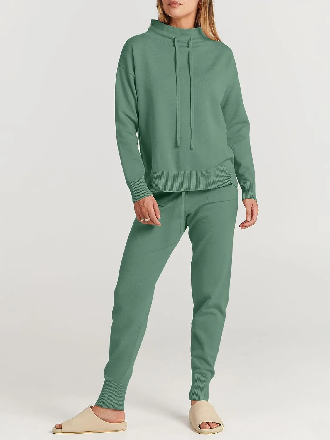 ANRABESS Women Two Piece Outfits Turtleneck Pullover Top Cozy Knit Sweater Pants Lounge Set 2024 Fall Sweatsuit Sweatsuits