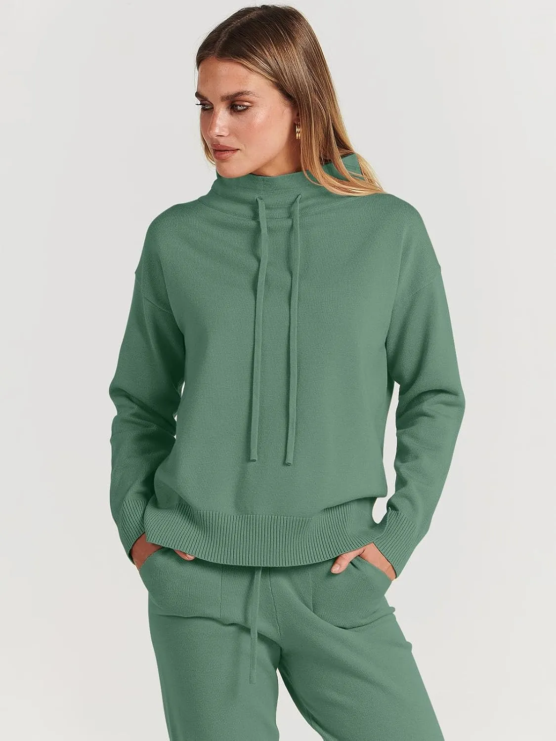 ANRABESS Women Two Piece Outfits Turtleneck Pullover Top Cozy Knit Sweater Pants Lounge Set 2024 Fall Sweatsuit Sweatsuits