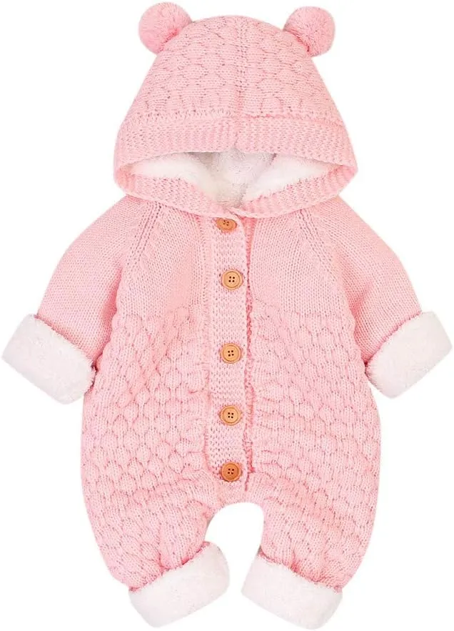 Baby Hooded Sweater Romper Fleece Warm Jumpsuit Infant Boys Girls Cable-Knit Long Sleeve (Pink, 12-18 Months)