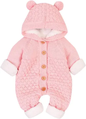 Baby Hooded Sweater Romper Fleece Warm Jumpsuit Infant Boys Girls Cable-Knit Long Sleeve (Pink, 12-18 Months)