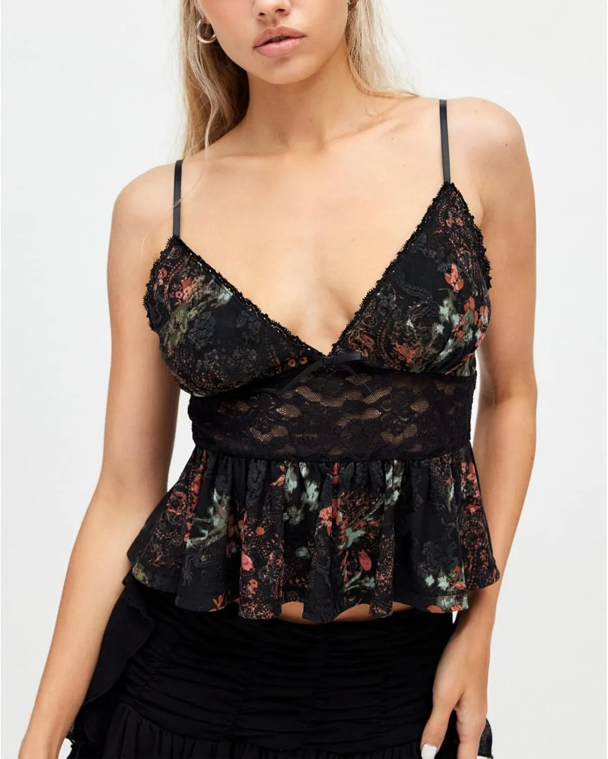 Babydoll Tank Tops for Women Sexy V Neck Lace Sheer Spaghetti Strap Crop Tops Y2k Ruffle Cami Going Out Camisole