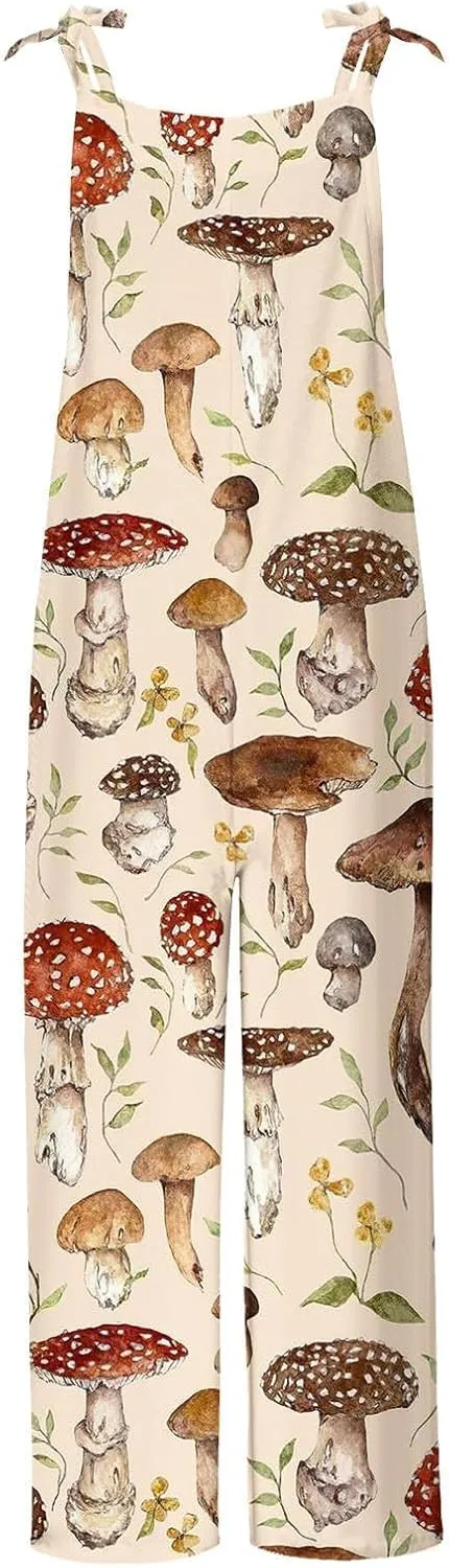 Basysin Jumpsuits for Women Plus Size Spaghetti Strap Casual Loose Overalls Cute Mushroom Hedgehogs Printed Wide Leg Rompers
