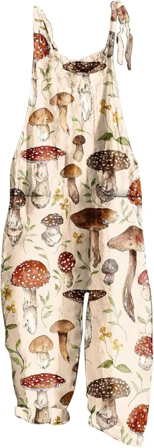 Basysin Jumpsuits for Women Plus Size Spaghetti Strap Casual Loose Overalls Cute Mushroom Hedgehogs Printed Wide Leg Rompers
