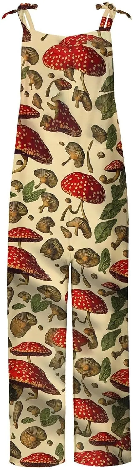 Basysin Jumpsuits for Women Plus Size Spaghetti Strap Casual Loose Overalls Cute Mushroom Hedgehogs Printed Wide Leg Rompers