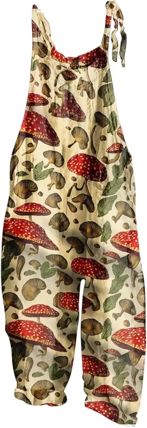 Basysin Jumpsuits for Women Plus Size Spaghetti Strap Casual Loose Overalls Cute Mushroom Hedgehogs Printed Wide Leg Rompers