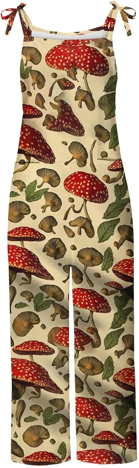 Basysin Jumpsuits for Women Plus Size Spaghetti Strap Casual Loose Overalls Cute Mushroom Hedgehogs Printed Wide Leg Rompers