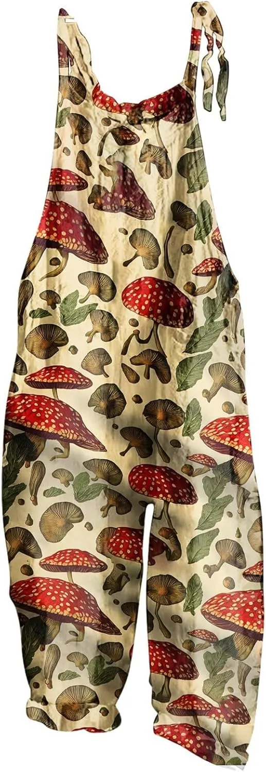 Basysin Jumpsuits for Women Plus Size Spaghetti Strap Casual Loose Overalls Cute Mushroom Hedgehogs Printed Wide Leg Rompers