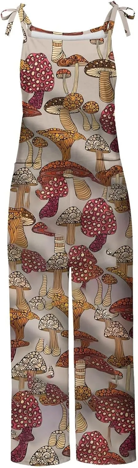 Basysin Jumpsuits for Women Plus Size Spaghetti Strap Casual Loose Overalls Cute Mushroom Hedgehogs Printed Wide Leg Rompers