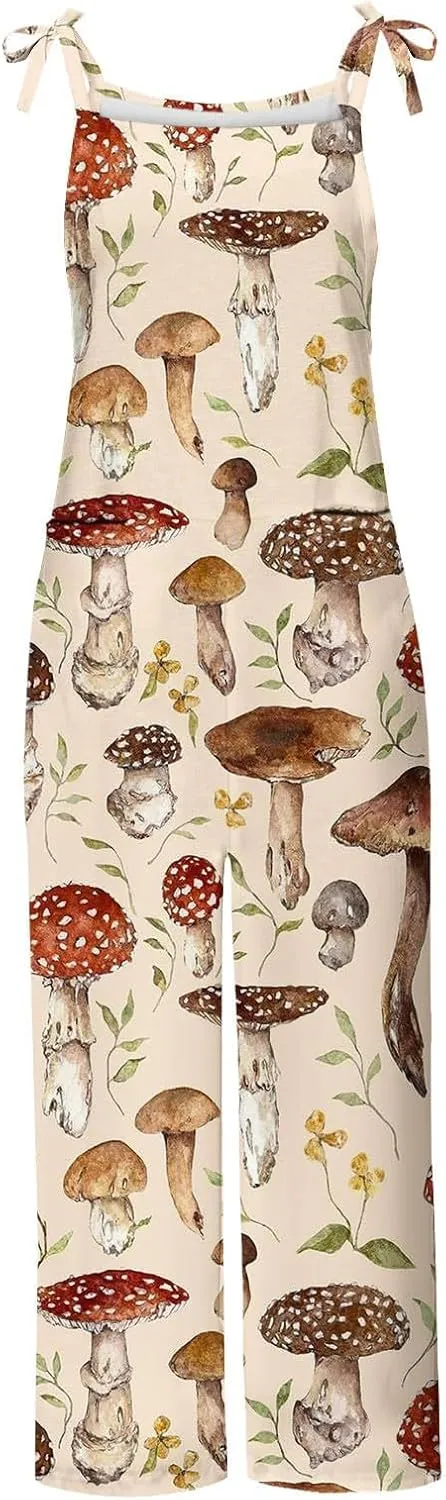 Basysin Jumpsuits for Women Plus Size Spaghetti Strap Casual Loose Overalls Cute Mushroom Hedgehogs Printed Wide Leg Rompers