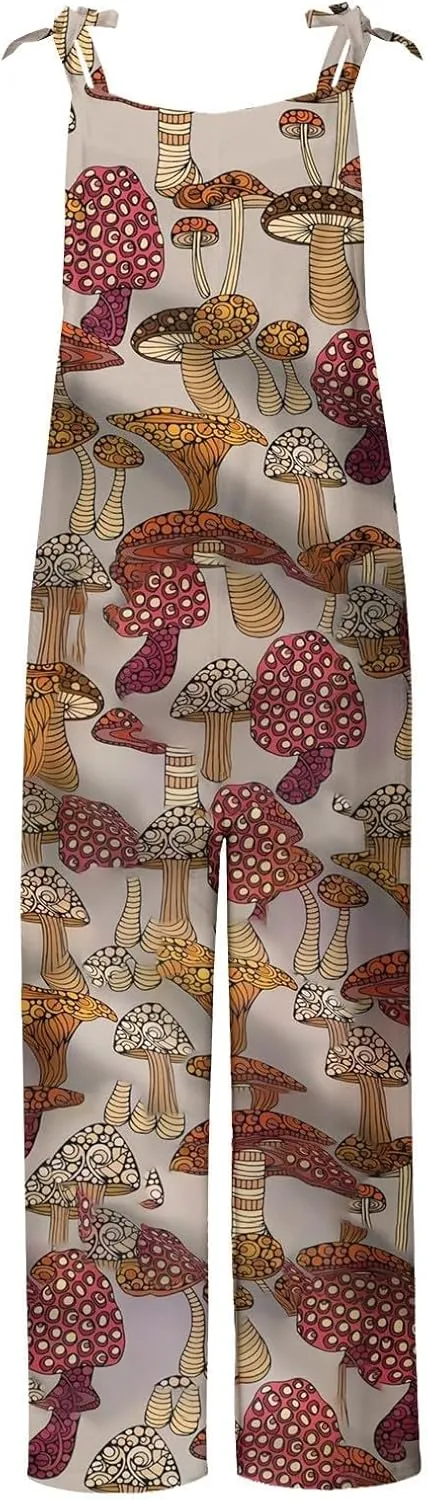 Basysin Jumpsuits for Women Plus Size Spaghetti Strap Casual Loose Overalls Cute Mushroom Hedgehogs Printed Wide Leg Rompers