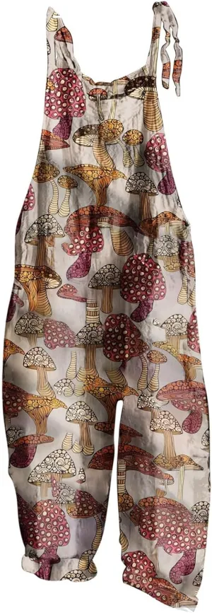 Basysin Jumpsuits for Women Plus Size Spaghetti Strap Casual Loose Overalls Cute Mushroom Hedgehogs Printed Wide Leg Rompers