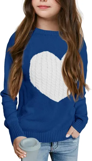 Batermoon Girls' Pullover Sweaters Long Sleeve Cute Heart Pattern Crewneck Knit Jumper Tops