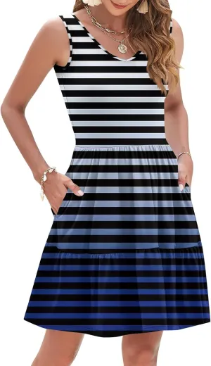 Beach Fashion Sundress for Women V Neck Tie Dye Stripe Cute Casual Sleeveless Pocket Tank Dress with Tiered Ruffle Hem