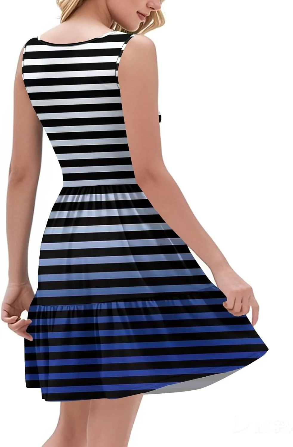 Beach Fashion Sundress for Women V Neck Tie Dye Stripe Cute Casual Sleeveless Pocket Tank Dress with Tiered Ruffle Hem