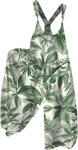 Beach Overalls for Women 2025 Boho Floral Jumpsuits Loose Linen Spaghetti Strap Baggy Romper with Pockets