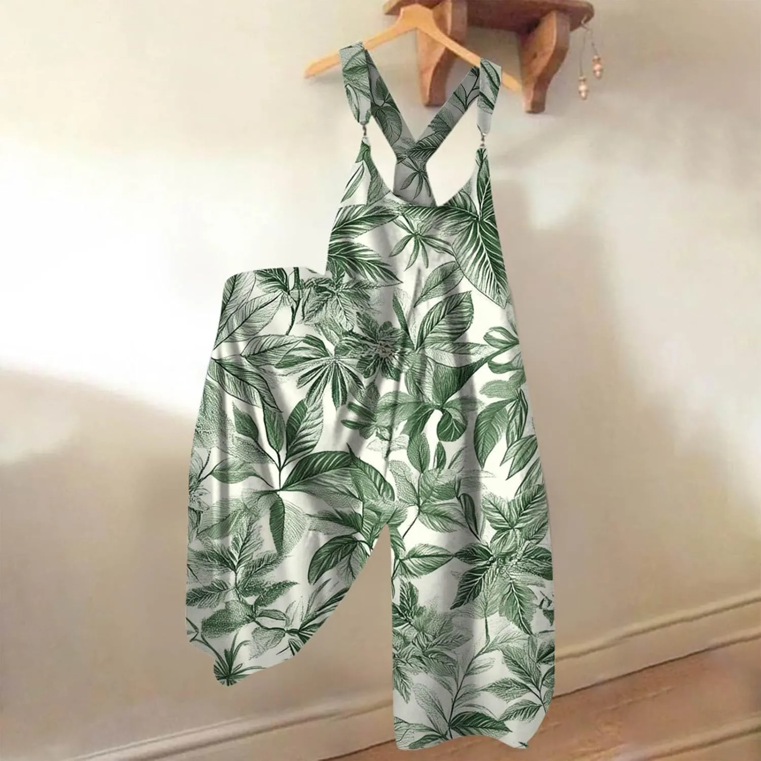 Beach Overalls for Women 2025 Boho Floral Jumpsuits Loose Linen Spaghetti Strap Baggy Romper with Pockets