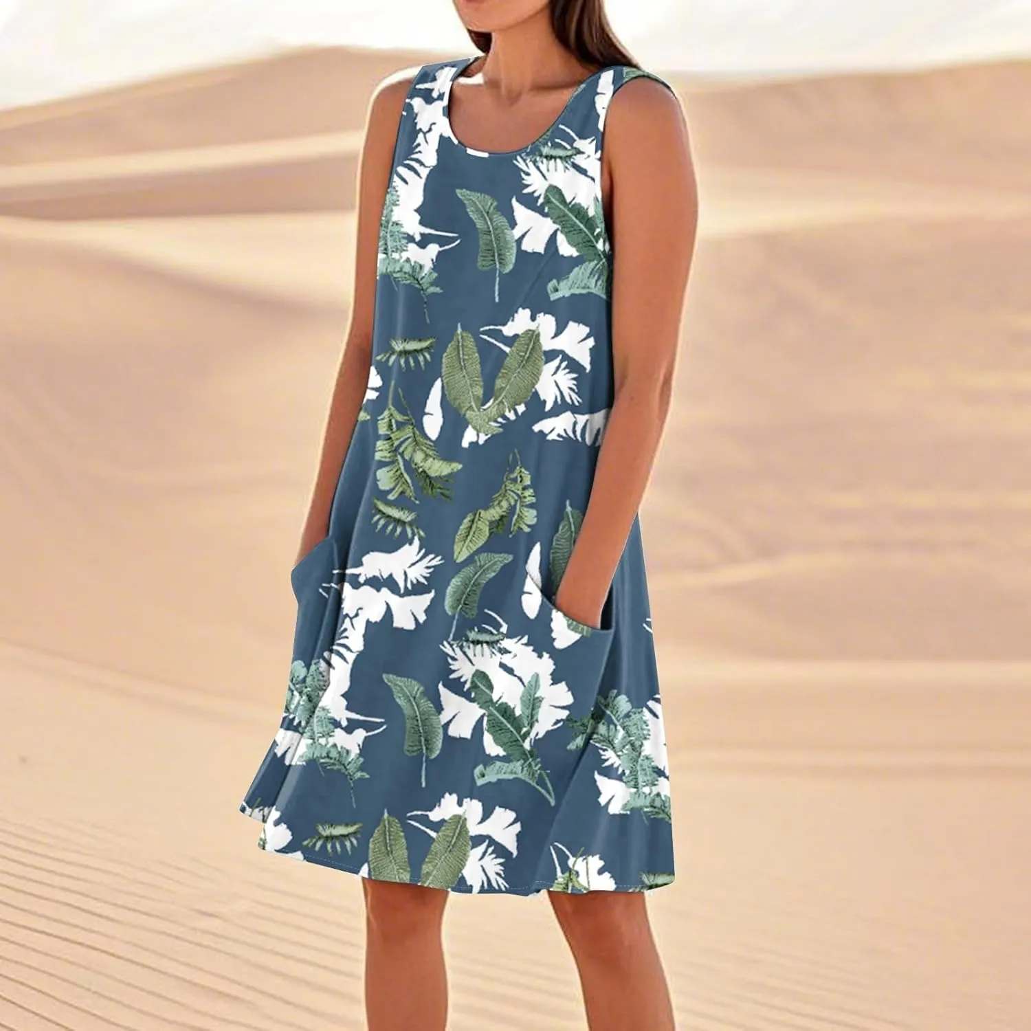 Beach Vacation Clothes for Women Casual Sleeveless A-Line Dress with Pockets Soft Lightweight Summer Sundress