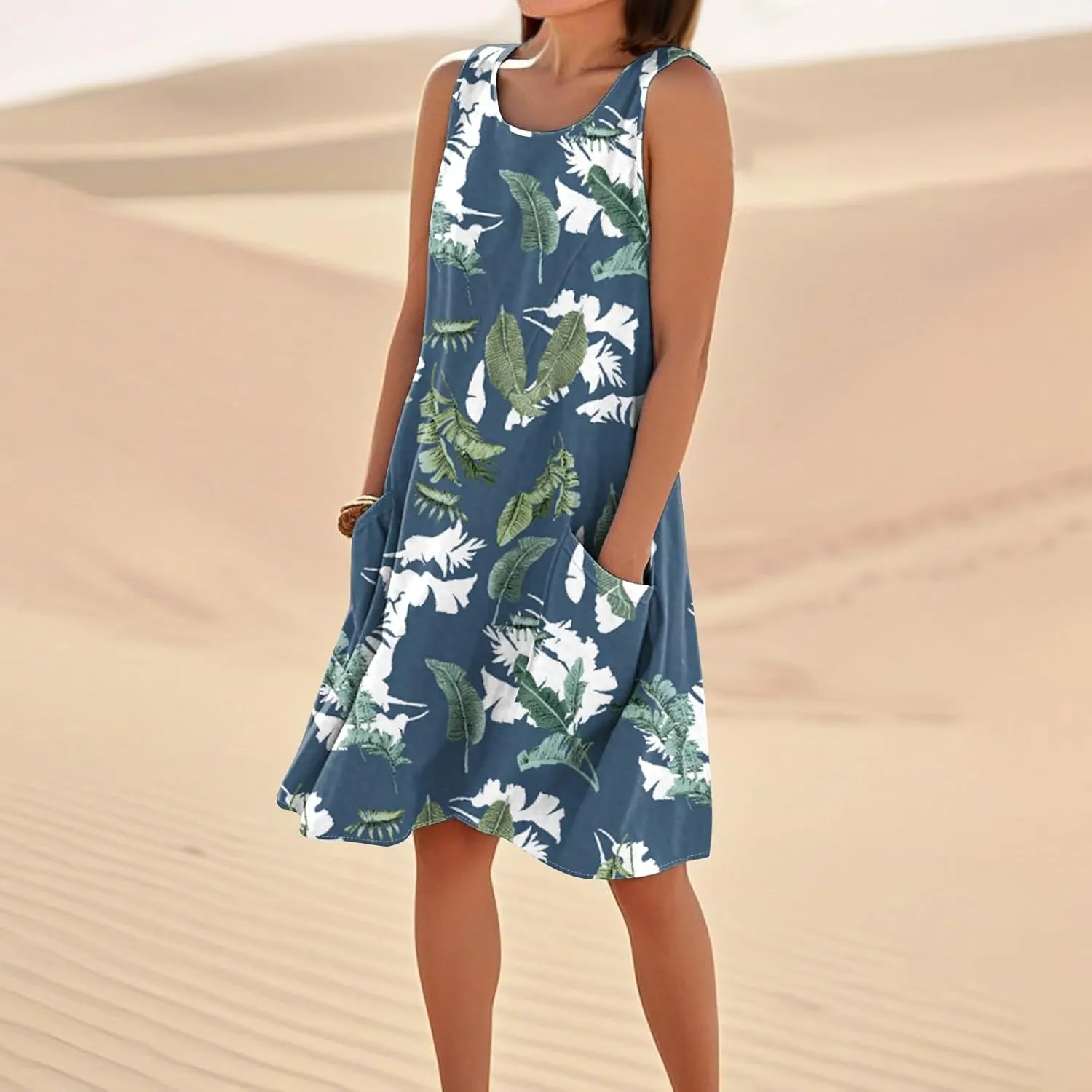 Beach Vacation Clothes for Women Casual Sleeveless A-Line Dress with Pockets Soft Lightweight Summer Sundress