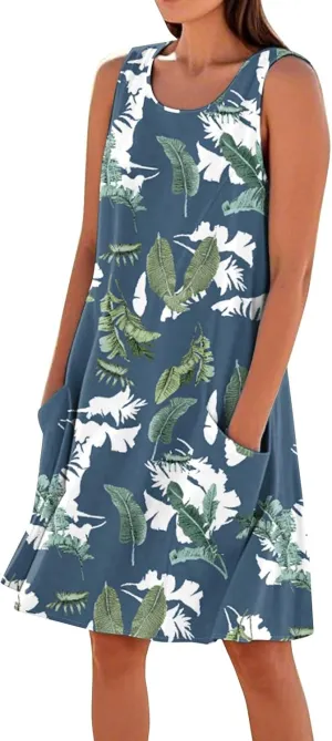 Beach Vacation Clothes for Women Casual Sleeveless A-Line Dress with Pockets Soft Lightweight Summer Sundress