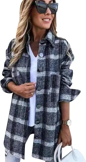 BOFETA Womens Flannel Plaid Button Down Shirt Long Sleeve Lapel Shacket Casual Loose Blouse Jacket Coat