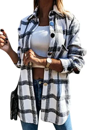 BOFETA Womens Flannel Plaid Button Down Shirt Long Sleeve Lapel Shacket Casual Loose Blouse Jacket Coat