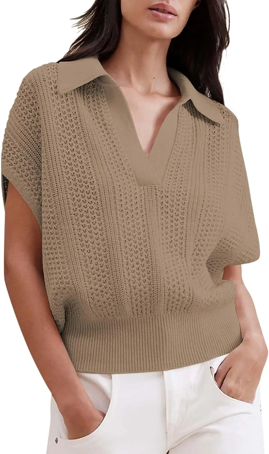 Cakulo Spring Summer Crochet Tops for Women 2025 Crop Knit Short Sleeve Polo V Neck Collared Hollow Out Sweater Top