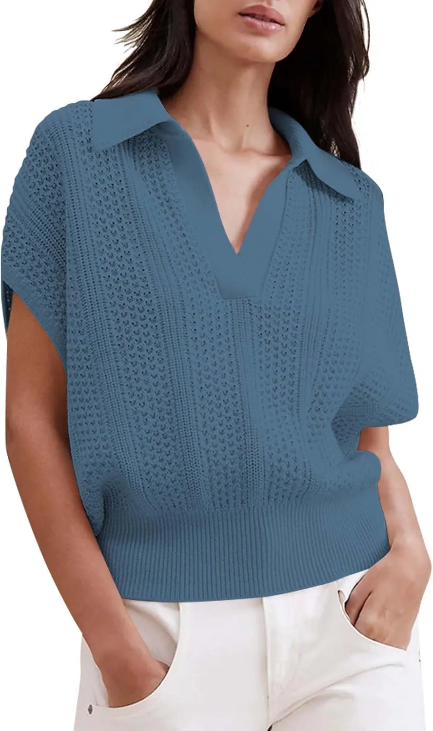 Cakulo Spring Summer Crochet Tops for Women 2025 Crop Knit Short Sleeve Polo V Neck Collared Hollow Out Sweater Top