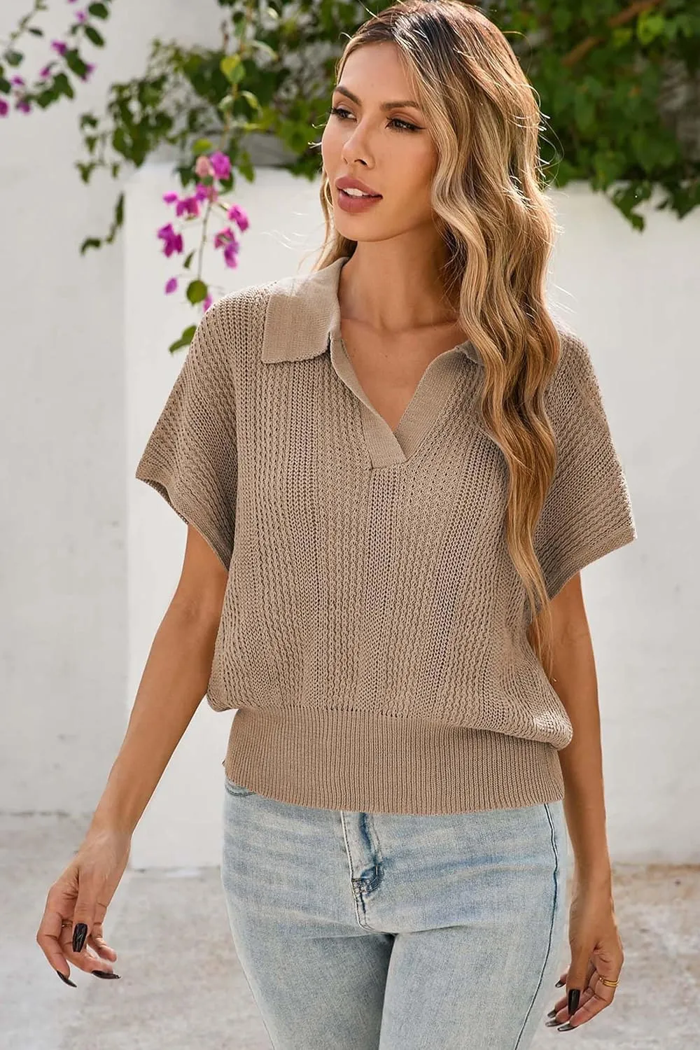 Cakulo Spring Summer Crochet Tops for Women 2025 Crop Knit Short Sleeve Polo V Neck Collared Hollow Out Sweater Top