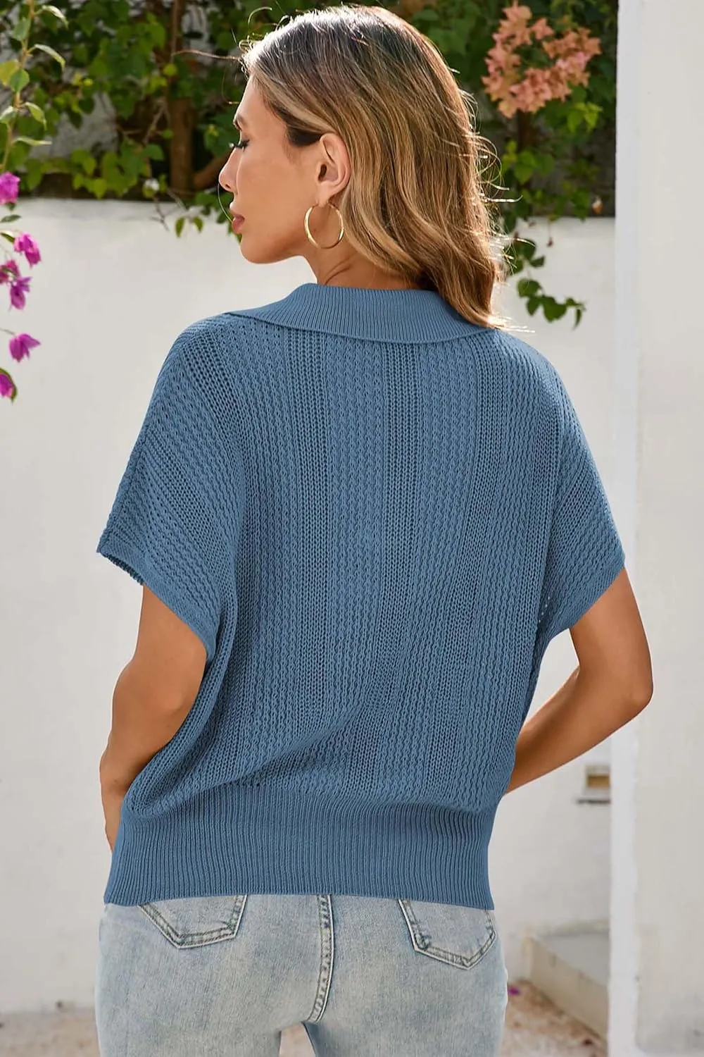 Cakulo Spring Summer Crochet Tops for Women 2025 Crop Knit Short Sleeve Polo V Neck Collared Hollow Out Sweater Top