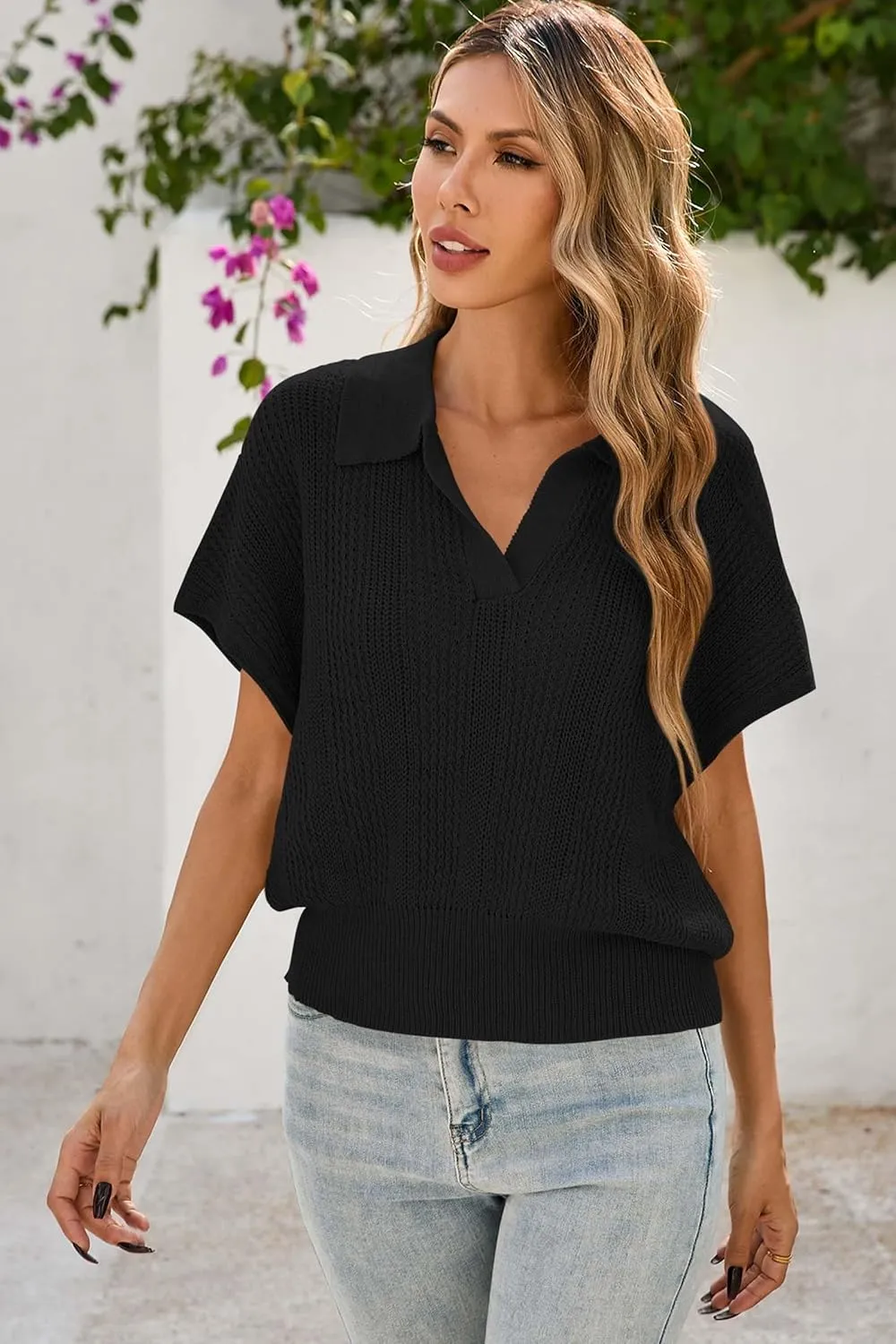 Cakulo Spring Summer Crochet Tops for Women 2025 Crop Knit Short Sleeve Polo V Neck Collared Hollow Out Sweater Top