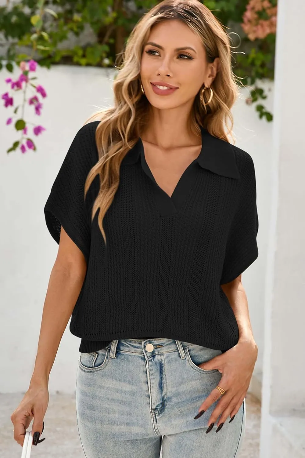 Cakulo Spring Summer Crochet Tops for Women 2025 Crop Knit Short Sleeve Polo V Neck Collared Hollow Out Sweater Top