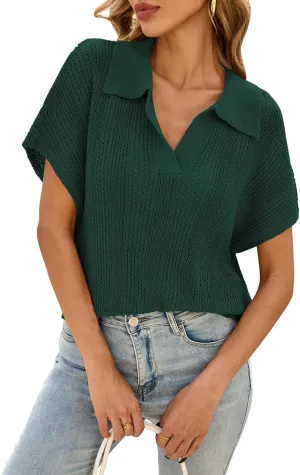 Cakulo Spring Summer Crochet Tops for Women 2025 Crop Knit Short Sleeve Polo V Neck Collared Hollow Out Sweater Top