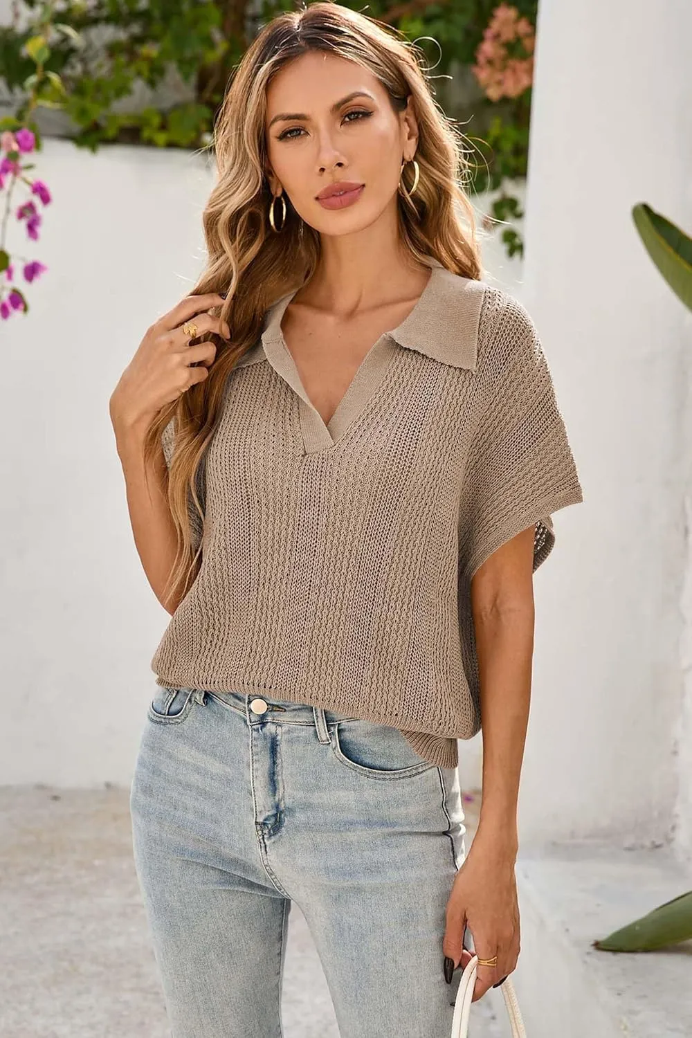 Cakulo Spring Summer Crochet Tops for Women 2025 Crop Knit Short Sleeve Polo V Neck Collared Hollow Out Sweater Top