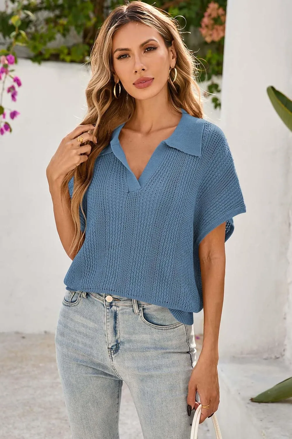 Cakulo Spring Summer Crochet Tops for Women 2025 Crop Knit Short Sleeve Polo V Neck Collared Hollow Out Sweater Top