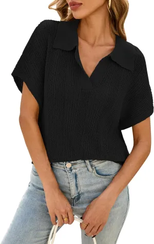 Cakulo Spring Summer Crochet Tops for Women 2025 Crop Knit Short Sleeve Polo V Neck Collared Hollow Out Sweater Top