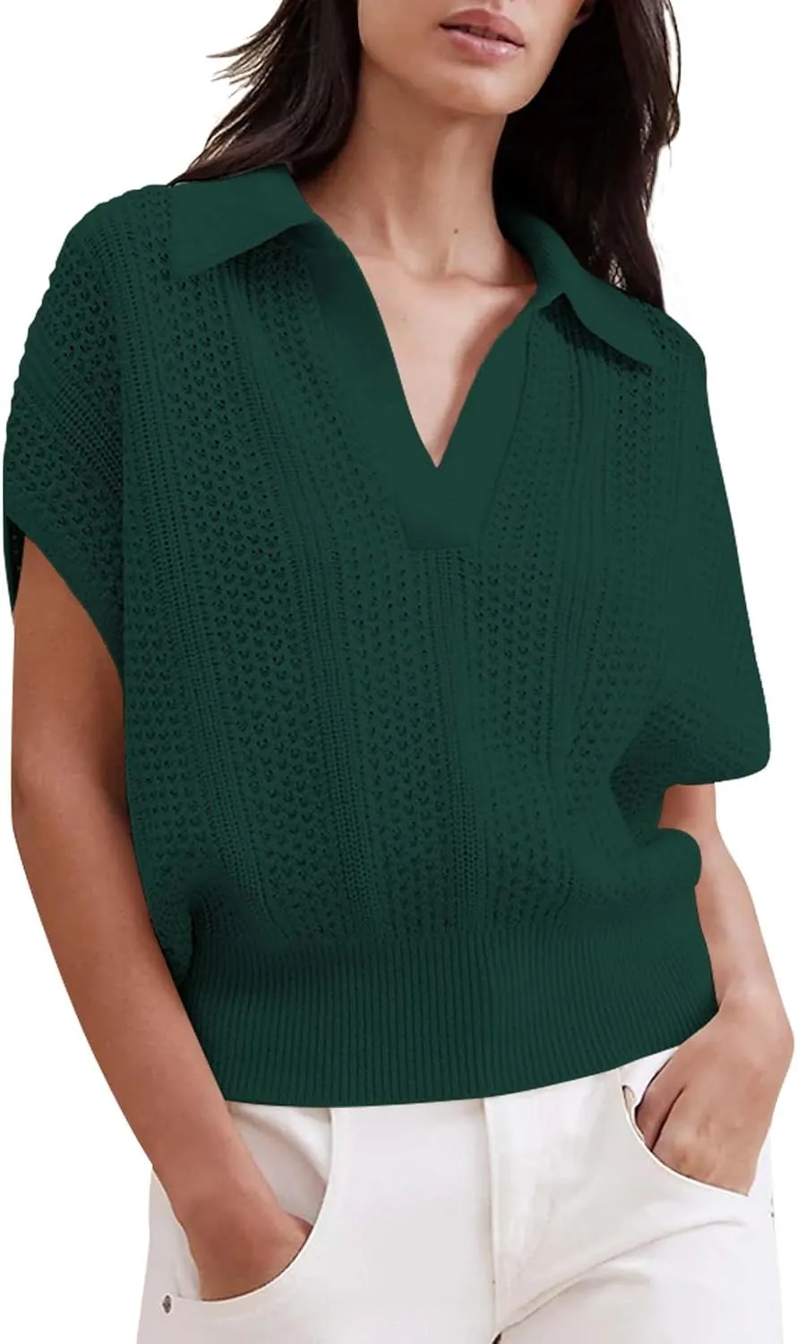 Cakulo Spring Summer Crochet Tops for Women 2025 Crop Knit Short Sleeve Polo V Neck Collared Hollow Out Sweater Top